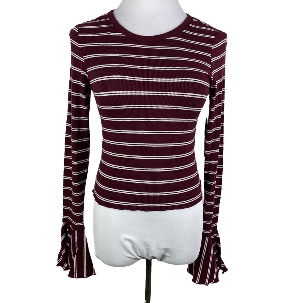 Adam Levine Cropped Trumpet Sleeve Burgundy Striped Top Women's Junior XS NEW